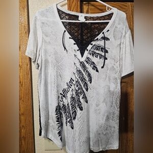 Affliction Lace-Up V-Neck Feather Graphic Women's Top - White/Black